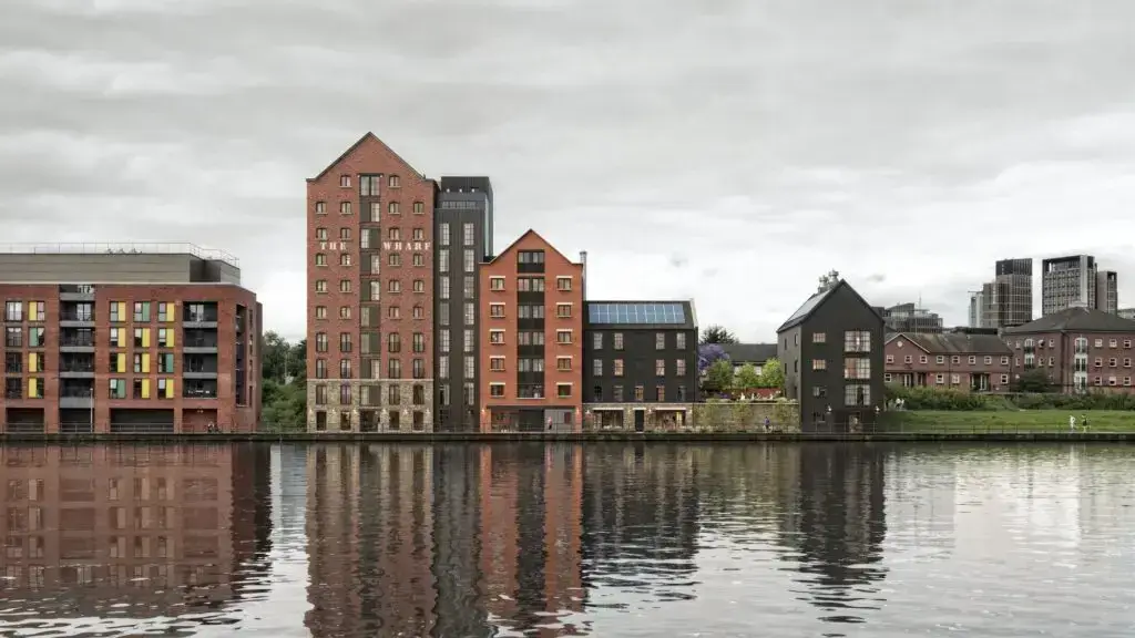 Computer Generated Images Modern buildings along a calm river.