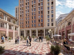 SoDA Suite Modern urban square with lively atmosphere.