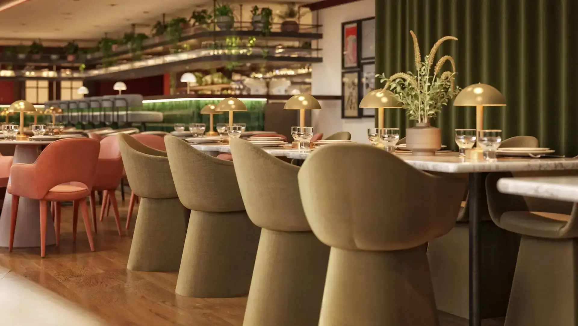 Elegant restaurant with stylish seating arrangement.