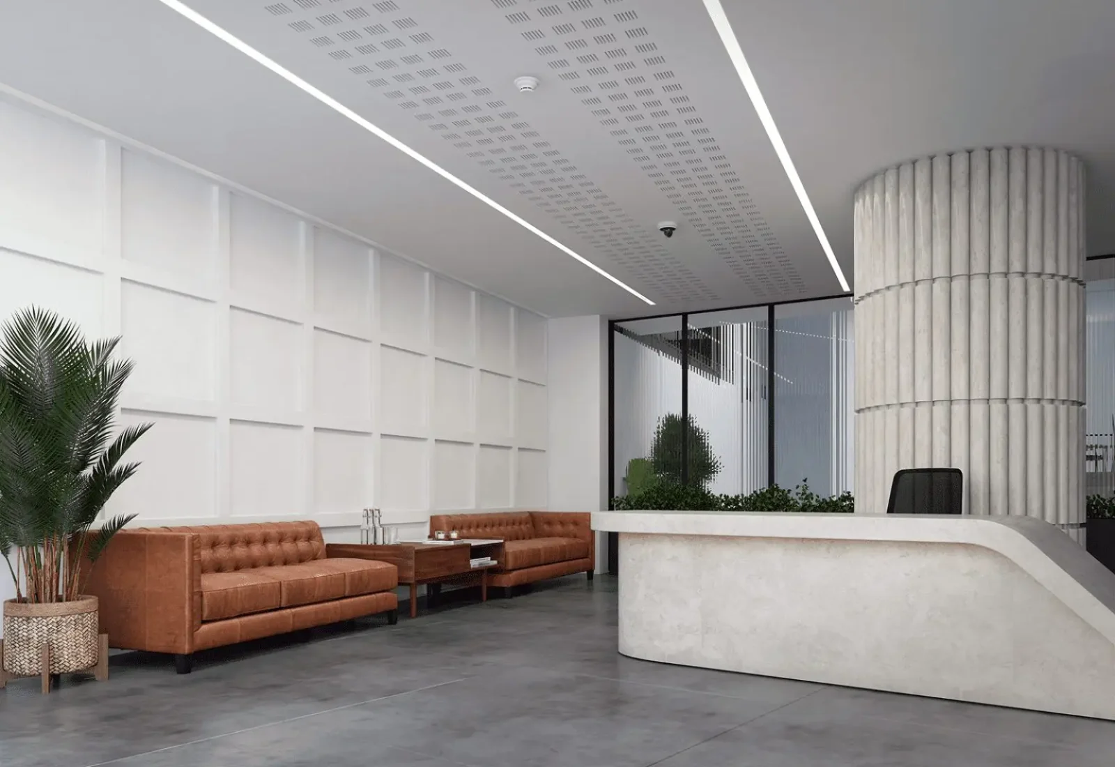 Modern reception area with seating.