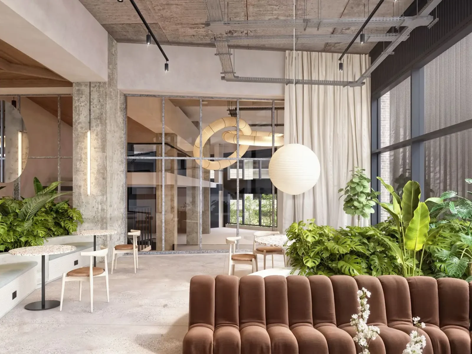 Modern lounge with lush greenery.