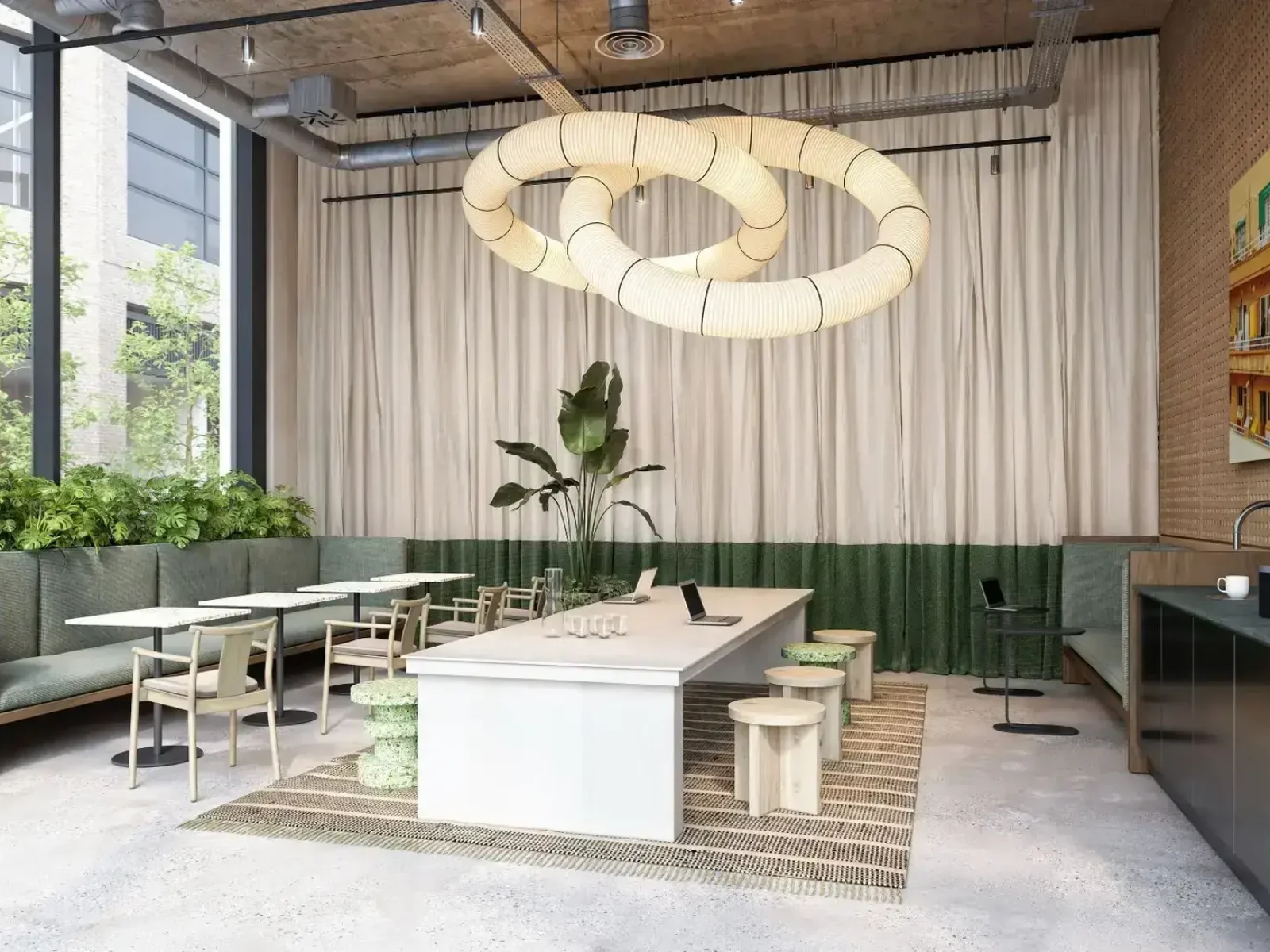 Modern café with greenery and seating.