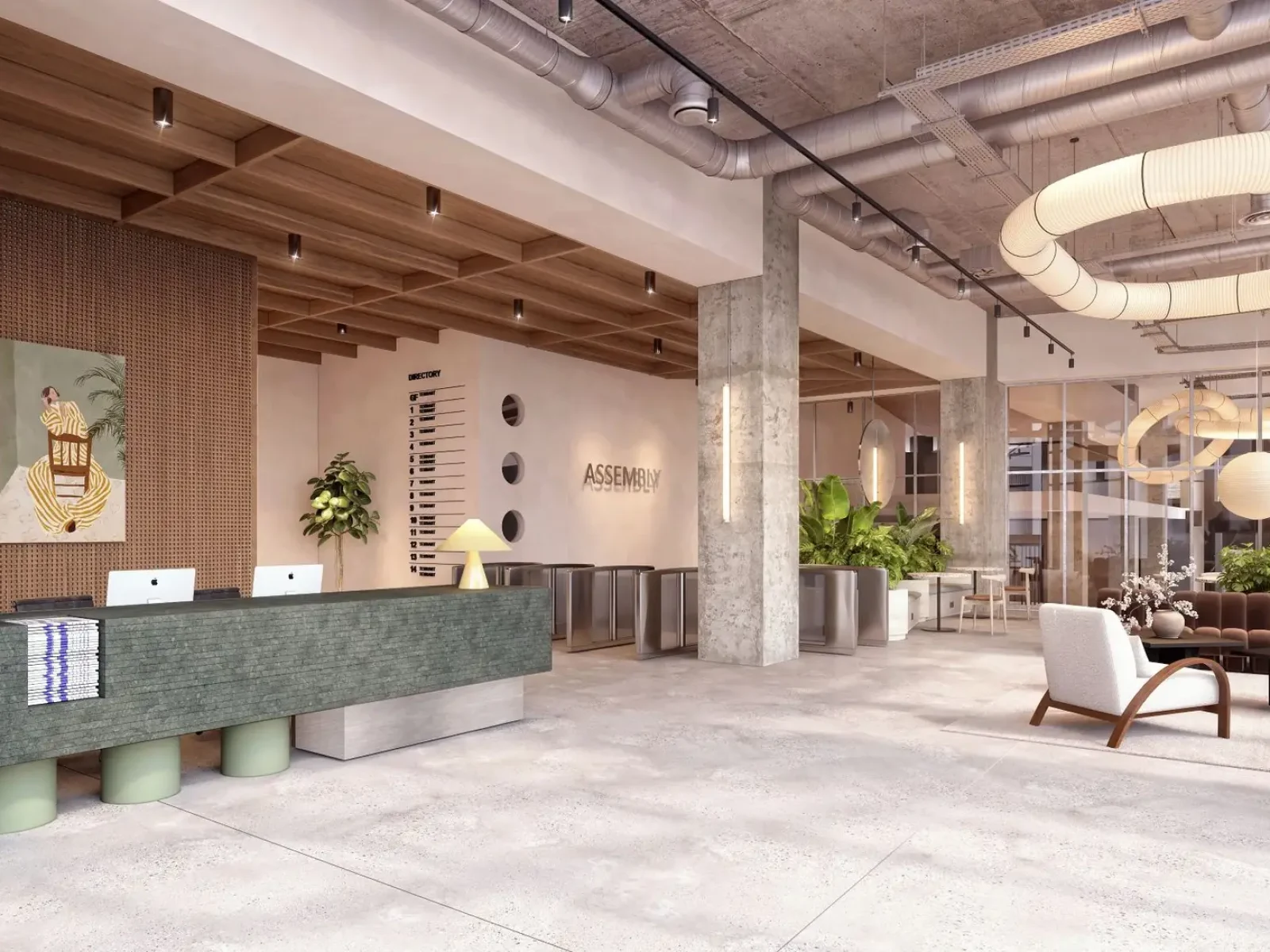 Modern reception area with greenery.