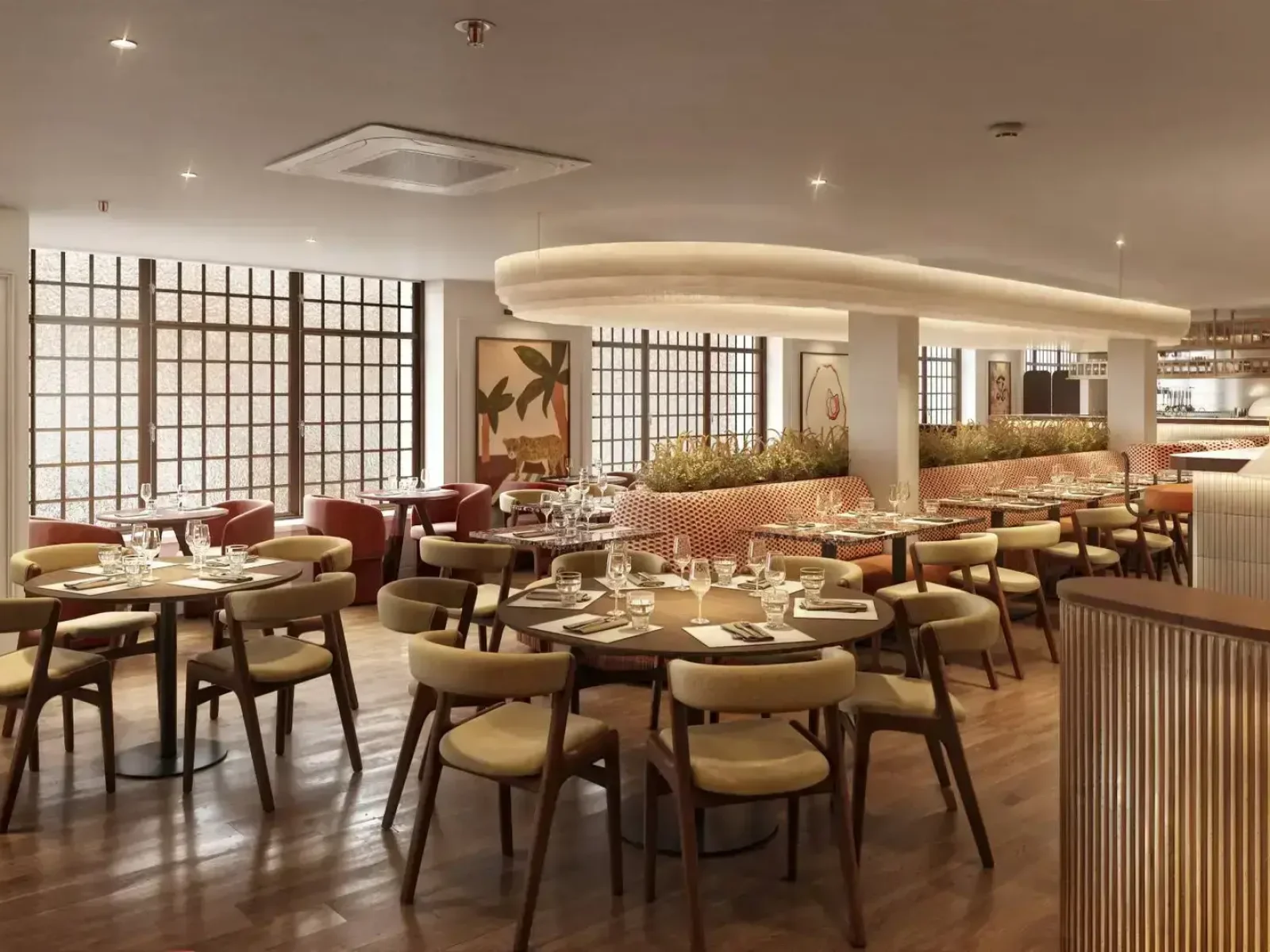 AOP | Art of the Possible Modern restaurant with elegant wooden decor.