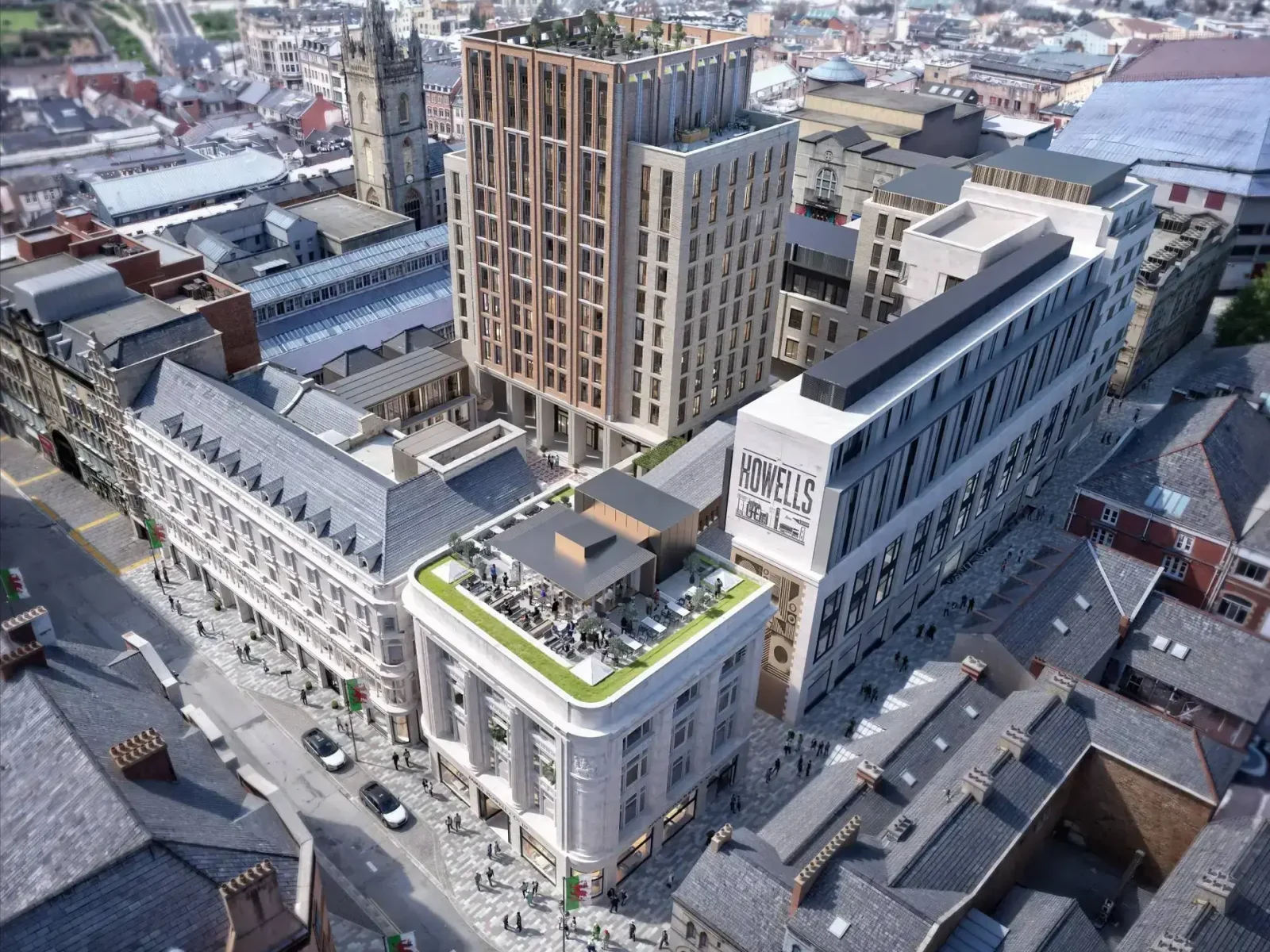 Aerial view of modern CArdiff buildings and landscaping