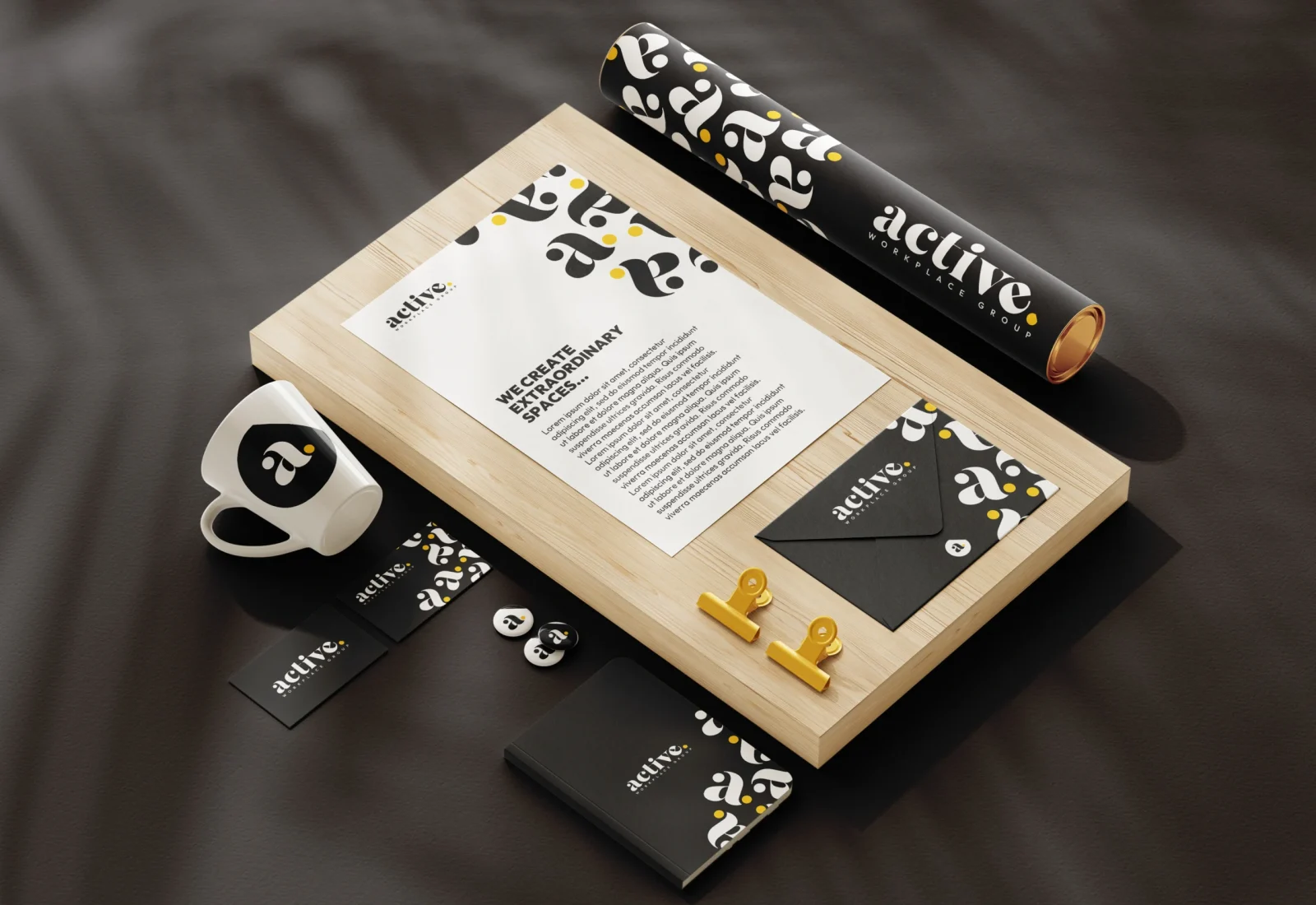 AOP | Art of the Possible Branded stationery on wooden surface.