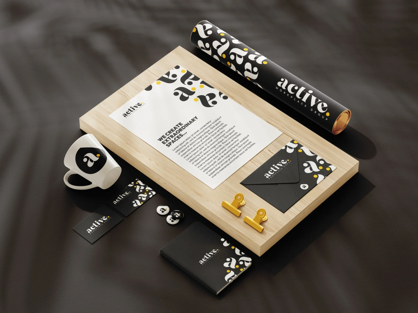 Creative | Creative Branded stationery on wooden surface.