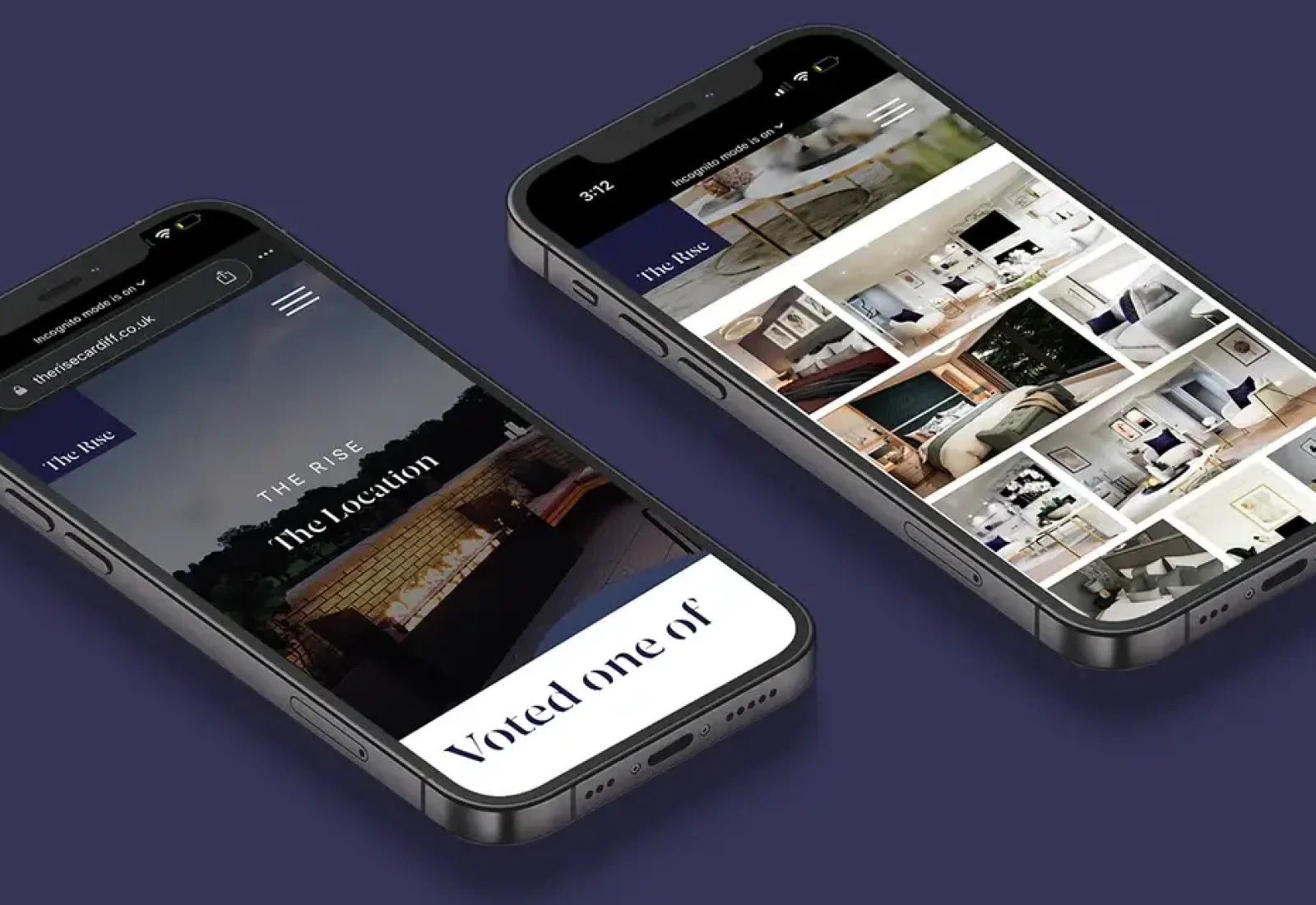 Two smartphones displaying website designs