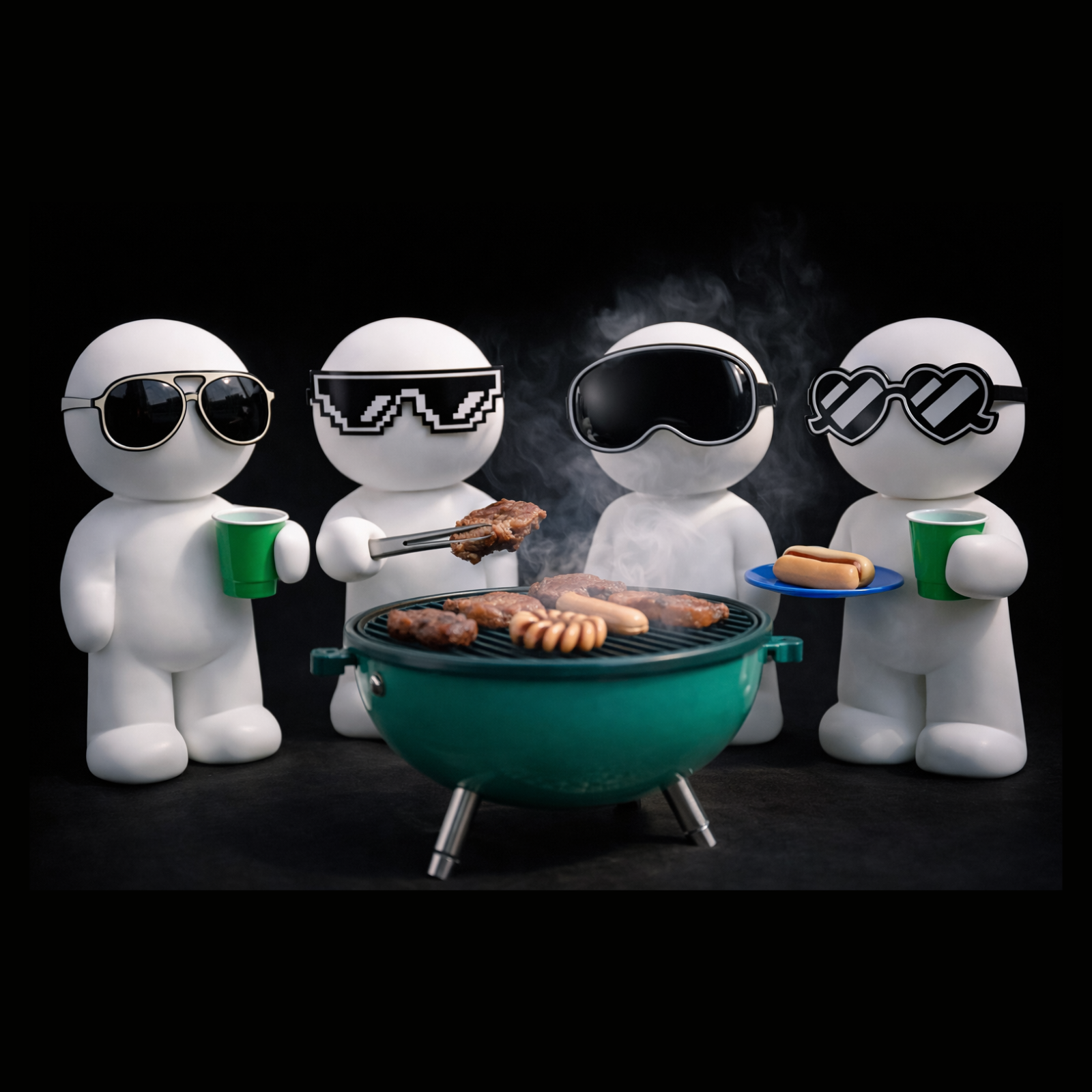 Stylish figures grilling food together