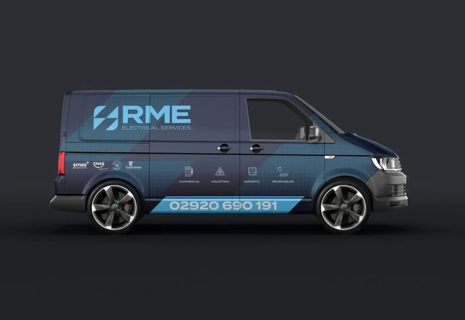 Branded van for electrical services.